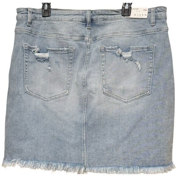 NWT RISEN JEANS Distressed Raw Frayed Edge Stretch Blue Denim Mini Skirt Sz 3X - Picture 6 of 12